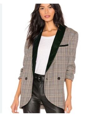Free People Taupe Plaid Blazer with Dark Green Velvet Lapel
